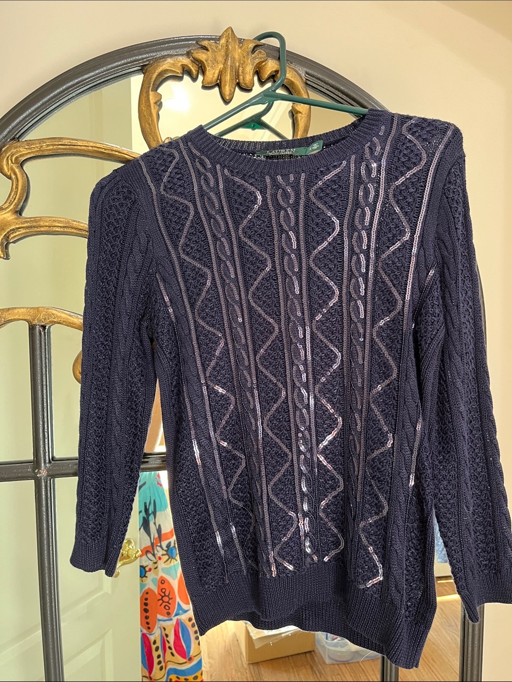 Ralph Lauren Navy Cable-Knit Crewneck Sweater with Metallic Accents